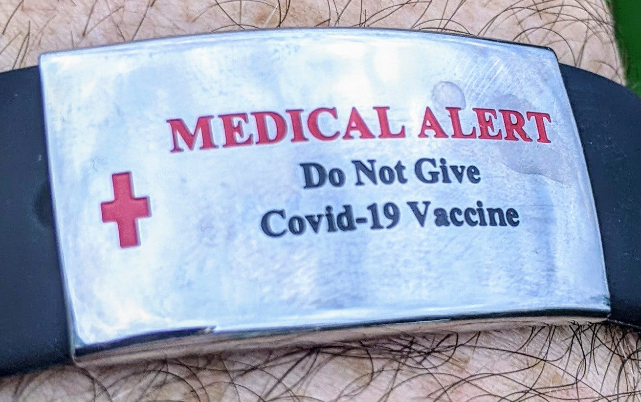 Black Silicone Bracelet With: "Do Not Give Covid-19 Vaccine" on a Stainless Steel Plate