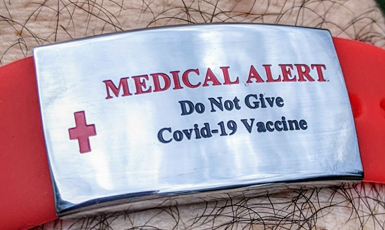 Red Silicone Bracelet With: "Do Not Give Covid-19 Vaccine" on a Stainless Steel Plate